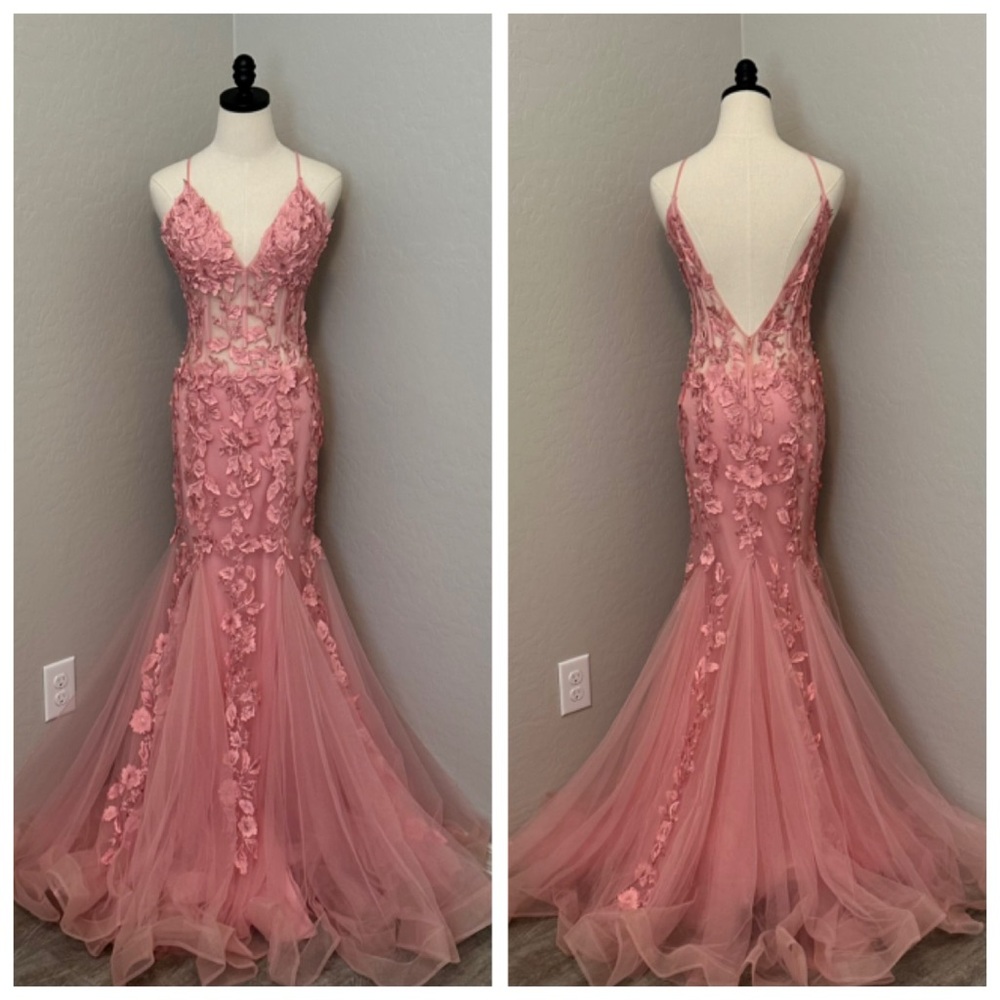 NEW JOVANI SZ 6 DARK BLUSH FLORAL APPLIQUÉ CORSET ILLUSION FORMAL EVENING GOWN